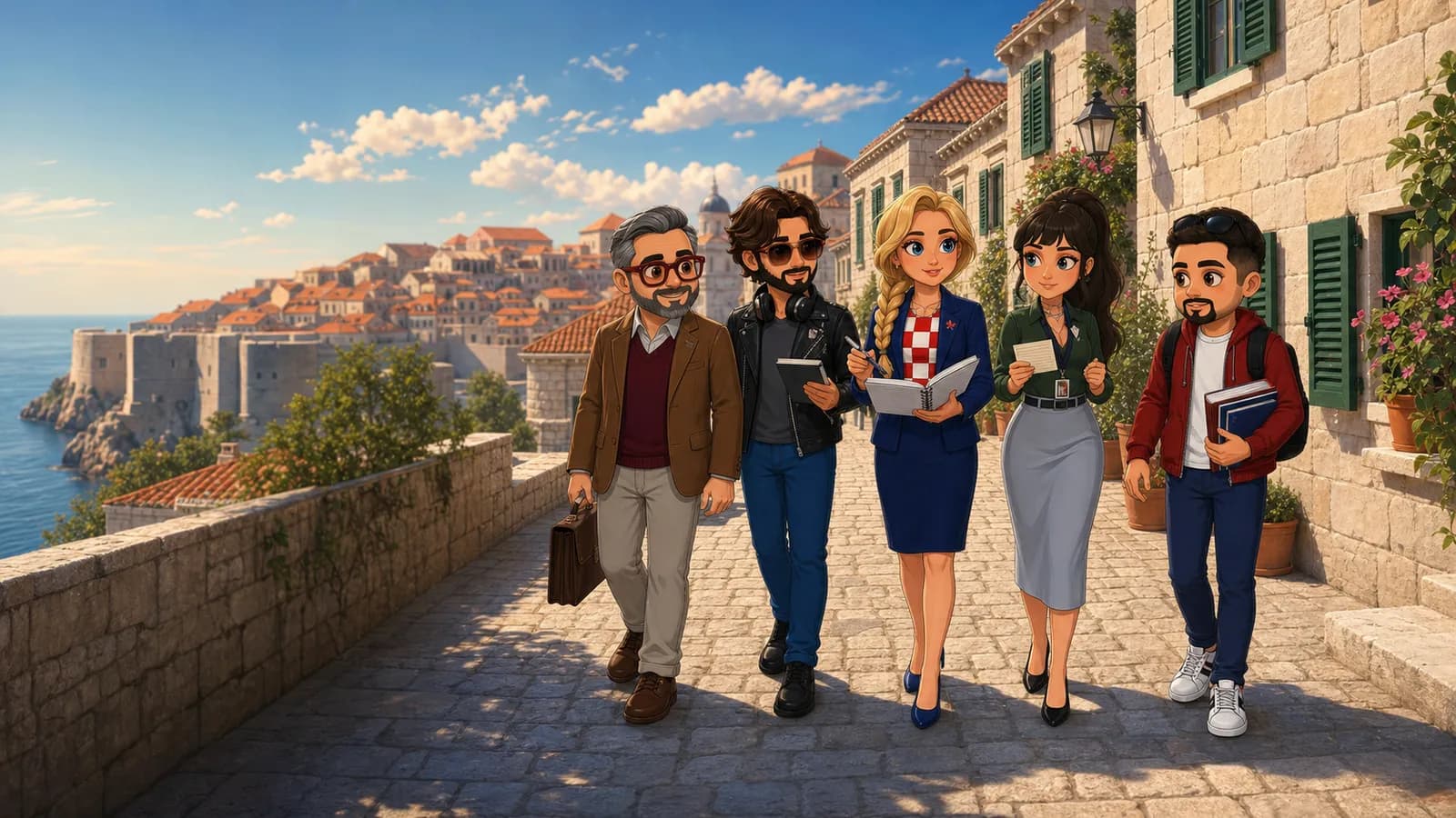 Pablo, la Profesorica, Ivona, Martín y Fabián caminando por Dubrovnik